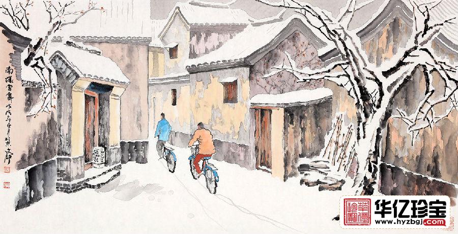 何文铮四尺横幅人物画《南城雪霁》