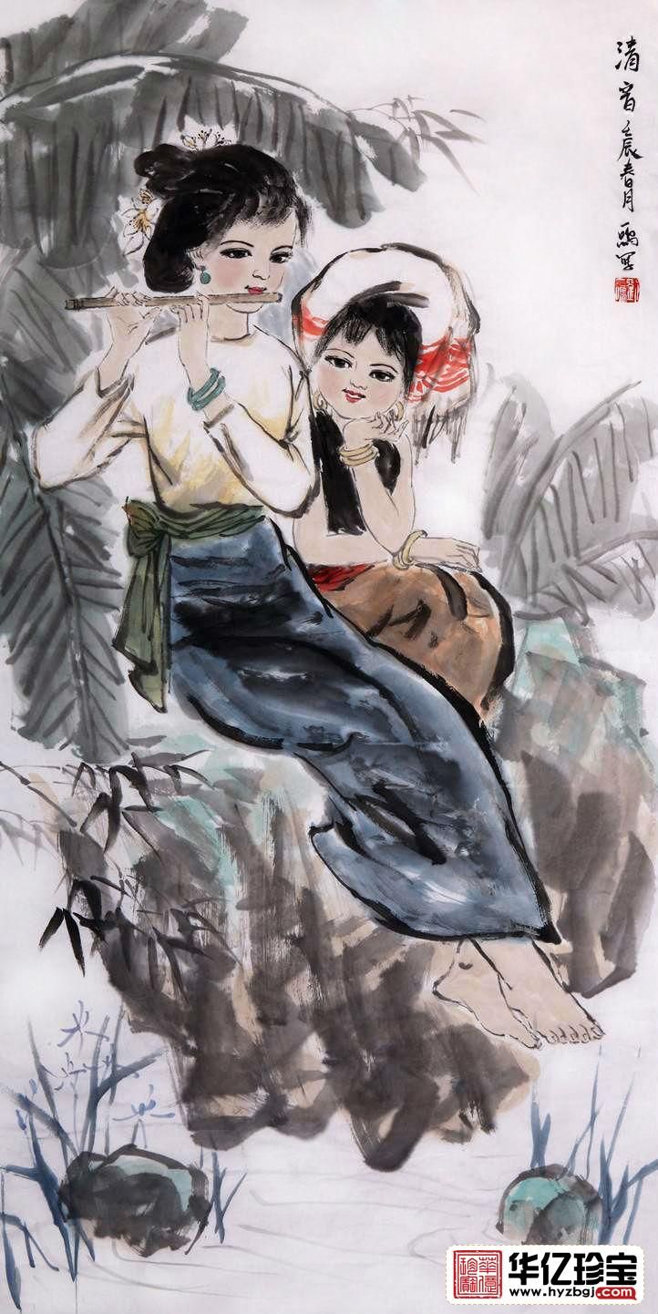 刘一鸣四尺竖幅人物画作品《清音》 风俗人物画