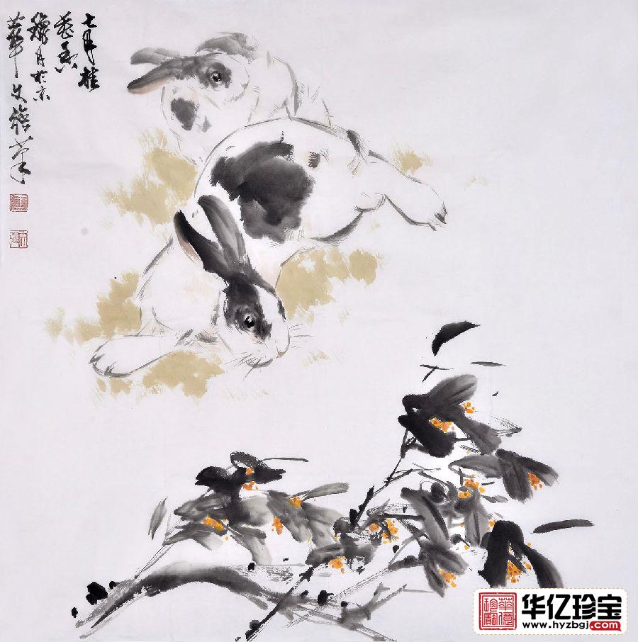 王文强四尺斗方动物画作品兔子《七月桂花香》