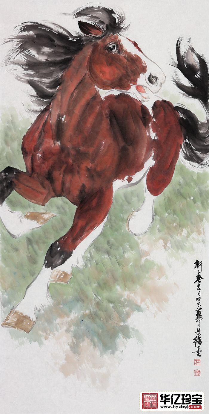 骏马图 王文强四尺竖幅写意动物画《策马奔腾》
