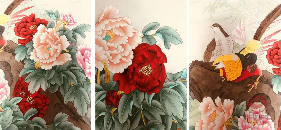 画家徐凤秋《锦上添花》工笔花鸟牡丹画作品