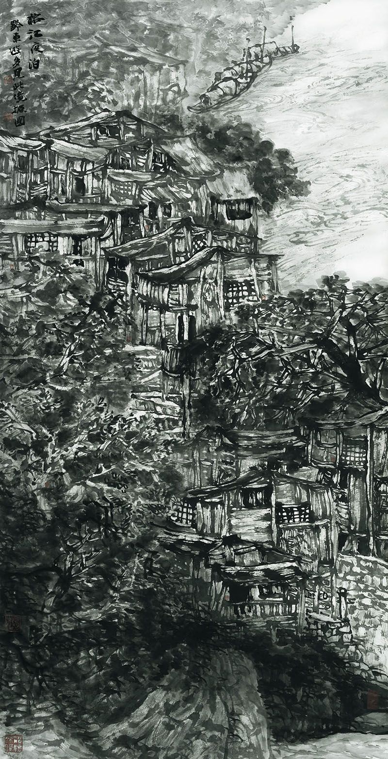 程振国《榕江夜泊》136×68cm