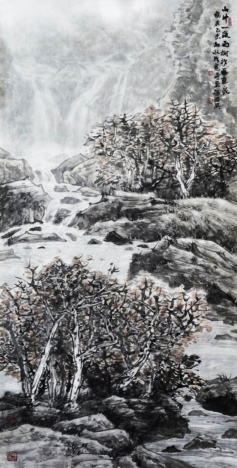 程振国《山中一夜雨，树杪百重泉》136×68cm