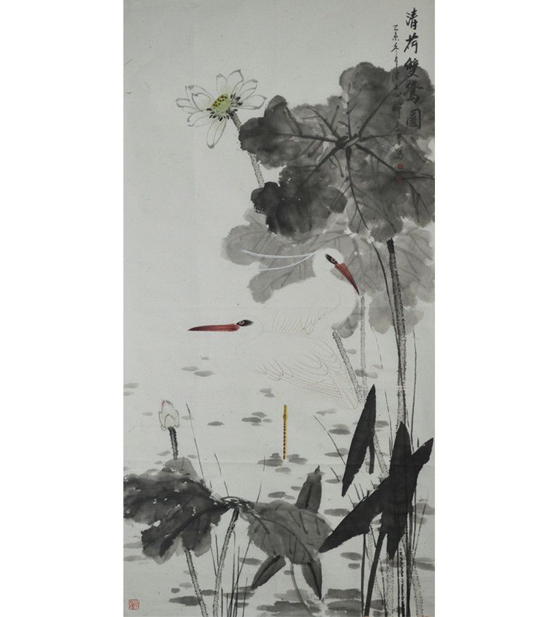 周文举《清荷双鹭图》136×68cm