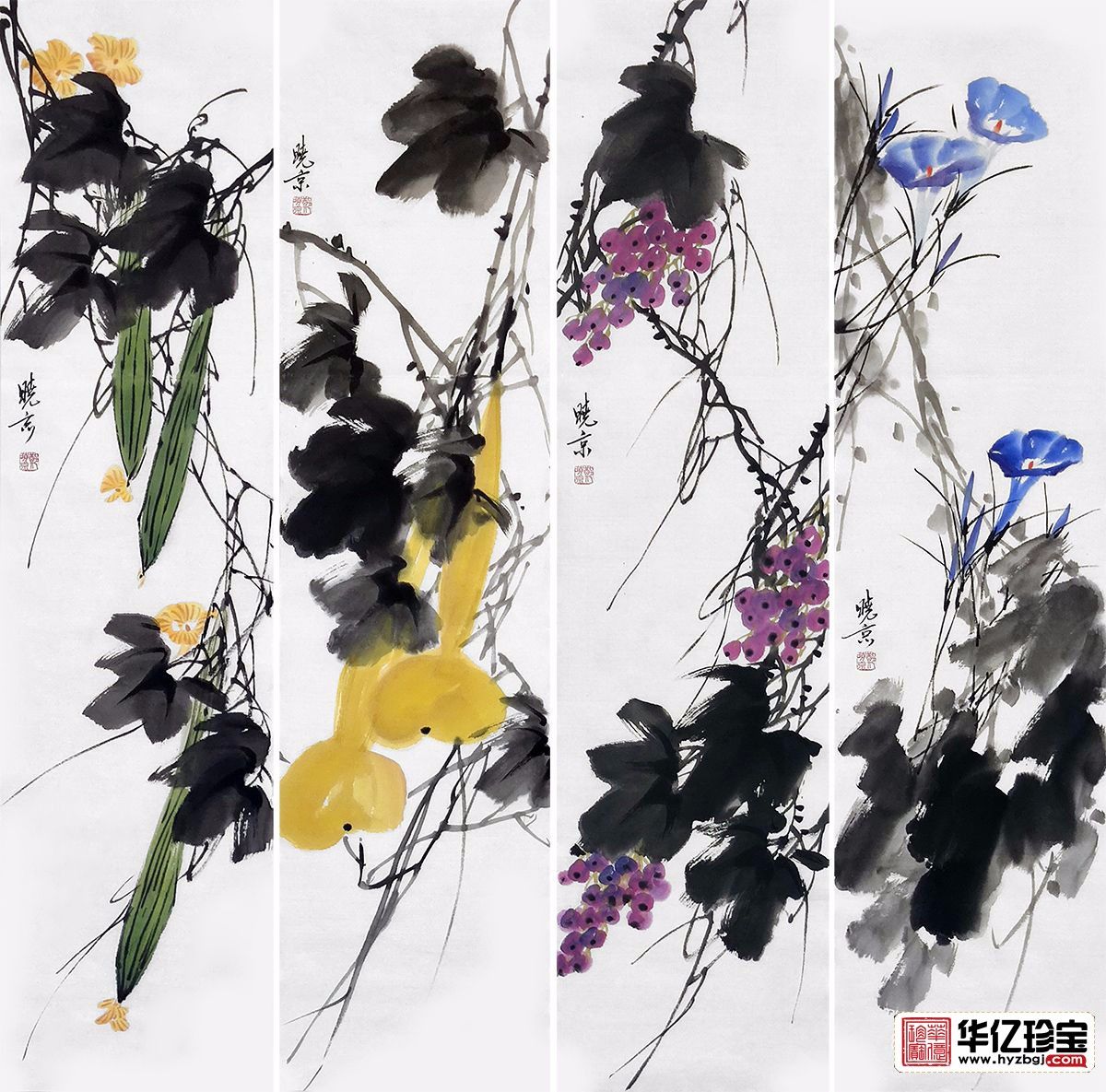 实力派画家郑晓京写意花鸟画《藤蔓花果四条屏》