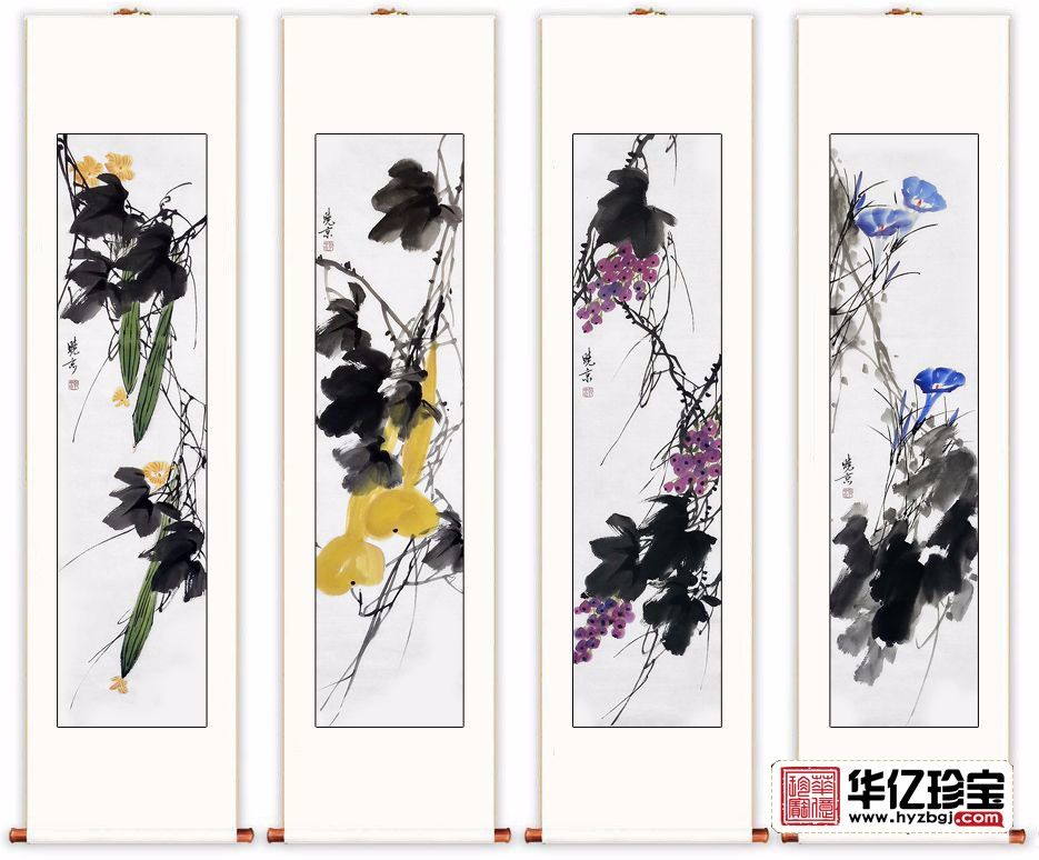 实力派画家郑晓京写意花鸟画《藤蔓花果四条屏》