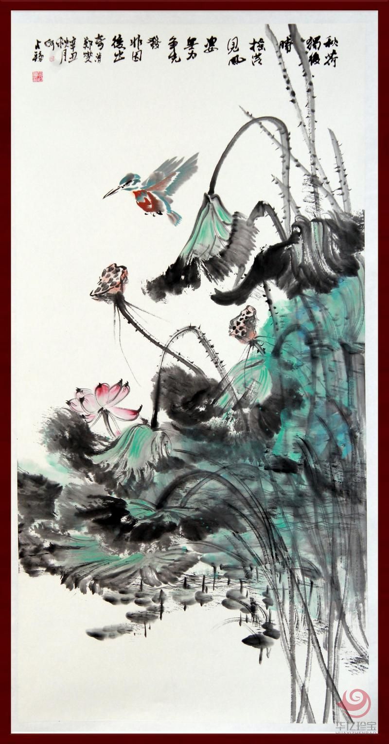 宁夏美协副主席 山水画家何占福《秋荷独后时》16平尺巨幅竖幅书画
