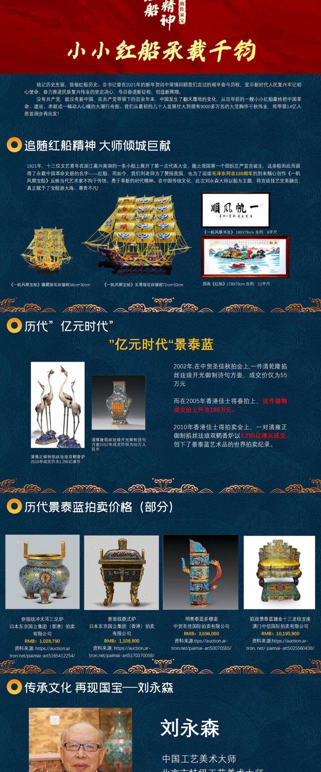 《一帆风顺》红船  臻藏版景泰蓝花丝镶嵌   刘永森大师创作