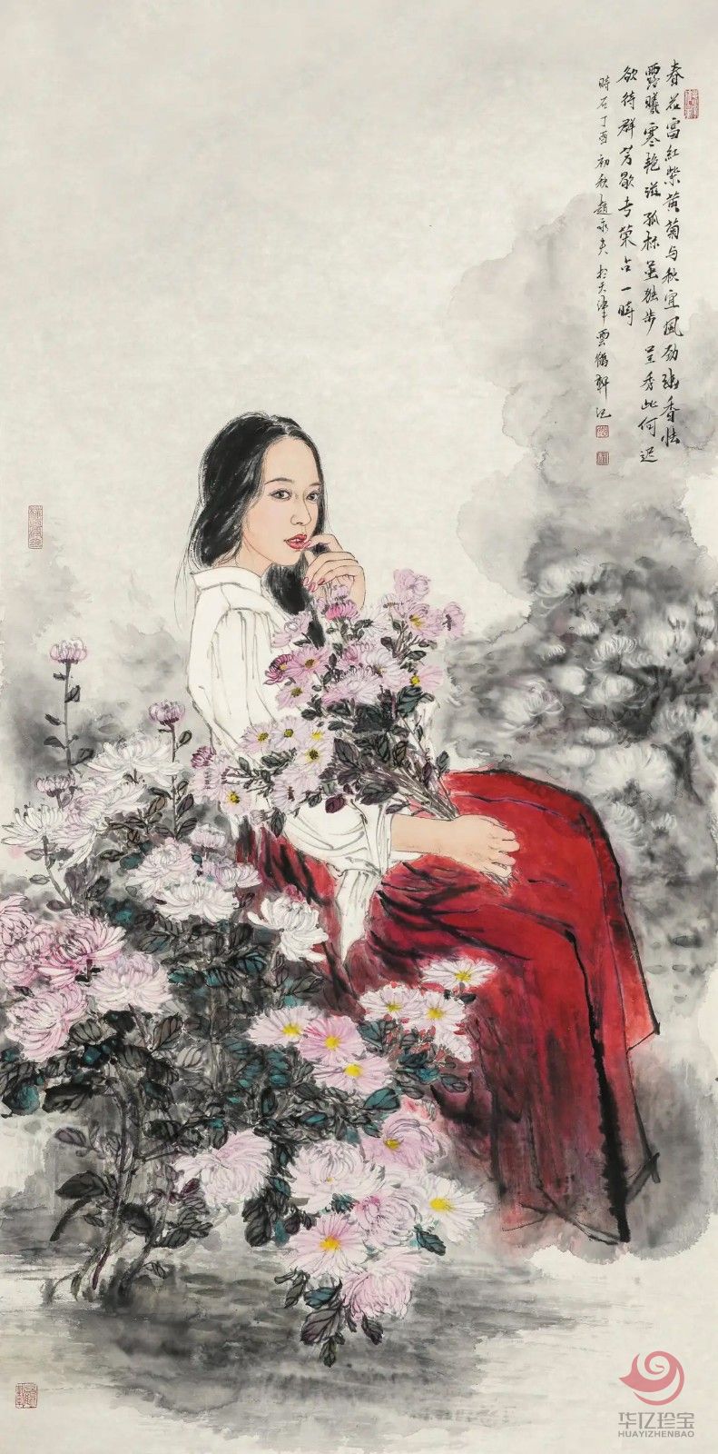 赵永夫8平尺花鸟人物作品《赏菊图》