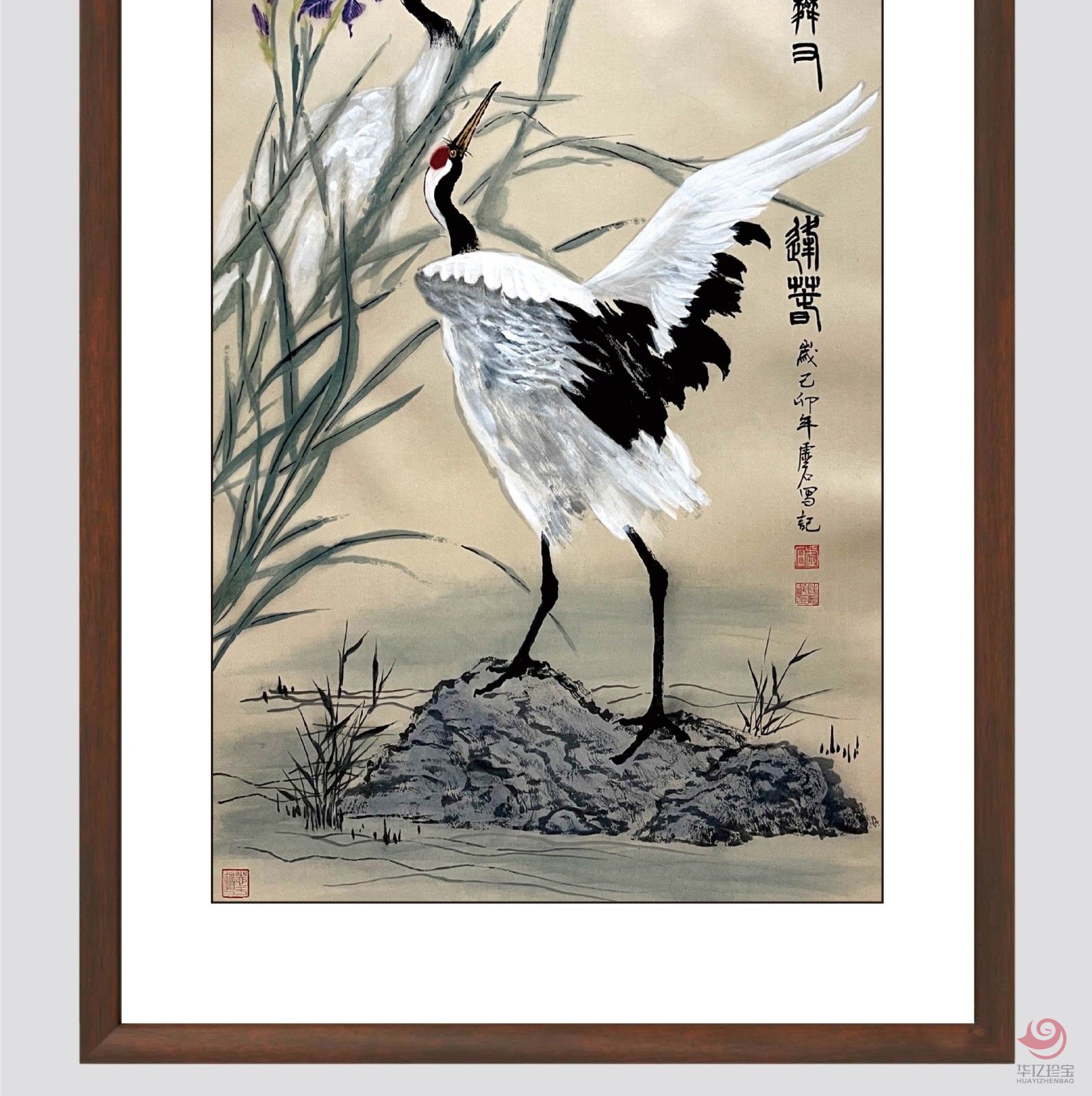 陆鹤龄8平尺花鸟作品《飞蝶鹤舞又逢春》
