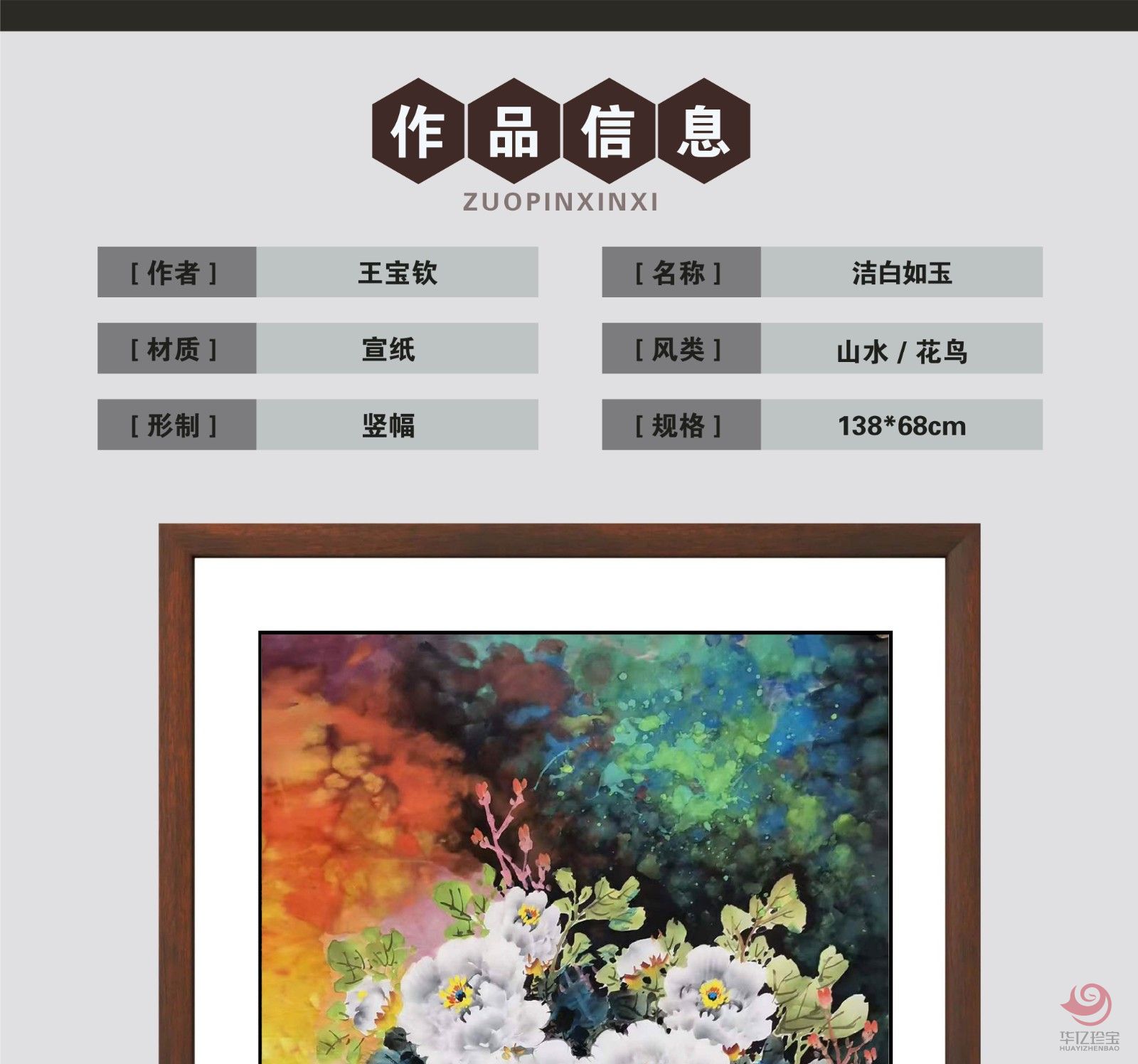 王宝钦8平尺花鸟牡丹作品《洁白如玉》